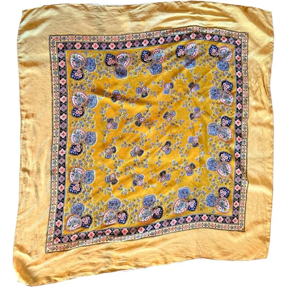 Vintage 1970s Silk Paisley Medallion Scarf Mustard Gold Floral Rolled 30